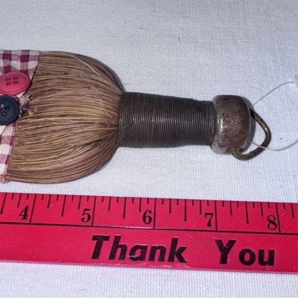 Vintage Whisk Broom Primitive USA Burgundy Check Ribbon Holiday Decor - Picture 13 of 16
